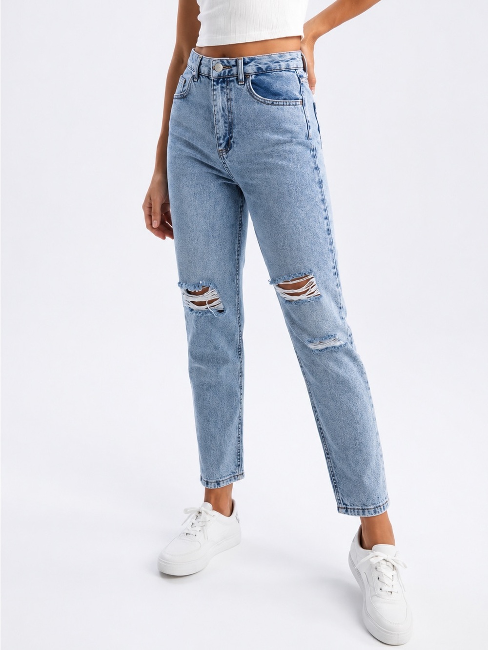 Zara High Rise Distressed Mom Jeans Straight Leg
